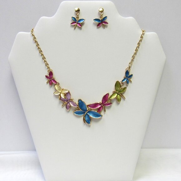 Gold Plated Multicolor Butterfly Dragonfly Necklace Earrings Jewelry Set - Picture 1 of 4